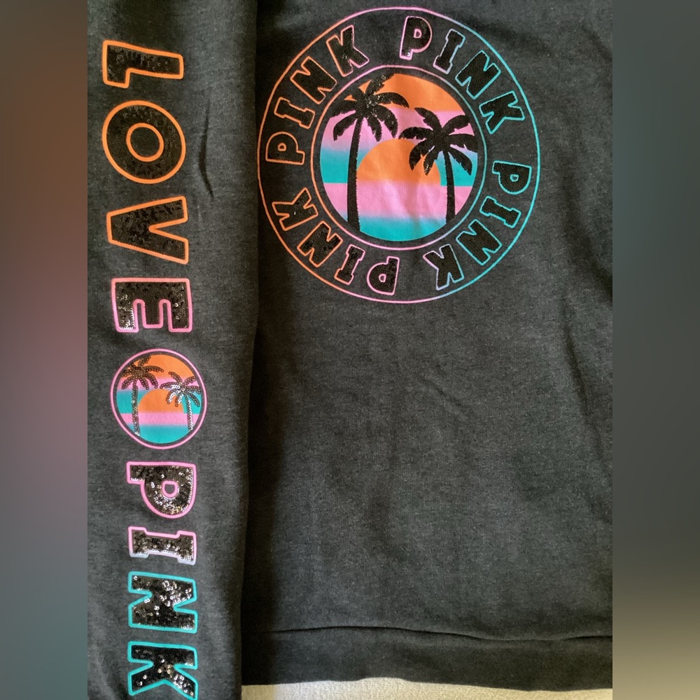 Victoria’s Secret PINK BLING Palm Tree Sunset Shine Hoodie Jogger Set S NWT
